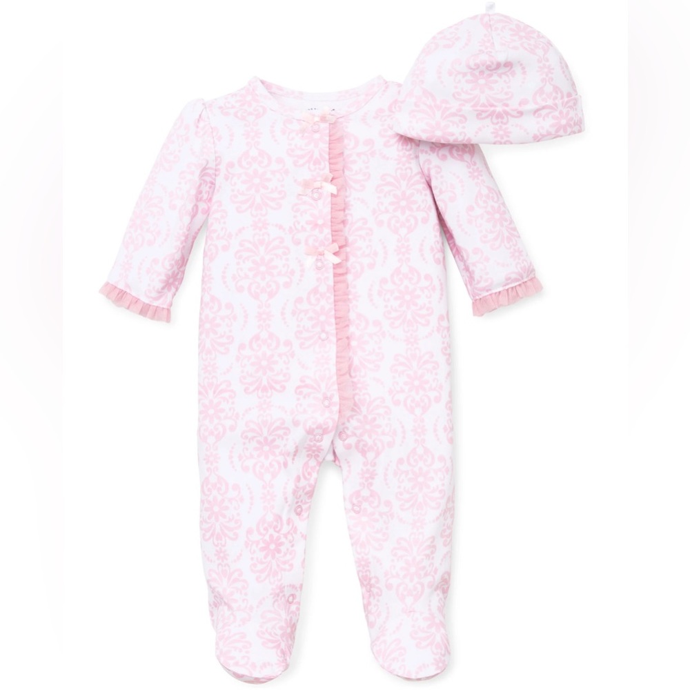 Little me 3 moths baby girl’s damask footie sleeper with hat